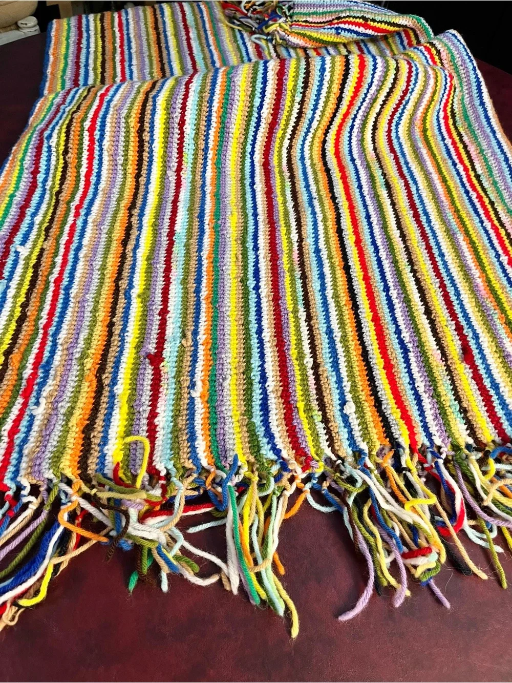 Vintage Handmade Crochet Afghan Blanket Multi Color Striped Boho 48”x52”